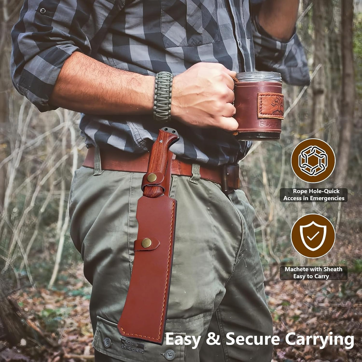 Machete w Sheath for Yard Work, 15'' Full Tang Camping Machete for Cutting Trees Heavy Duty