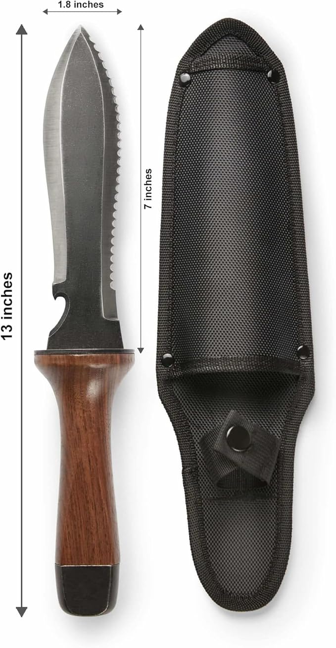 Hori Hori Garden Knife, Traditional Japanese Weeding Tool with ergonomic wooden handle. Large