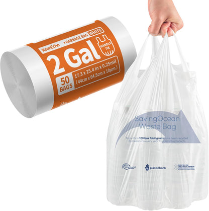 Small Trash Bags with Handles 2 Gallon 50 Count White - Ocean Plastic Upcycling - Plastic Garbage