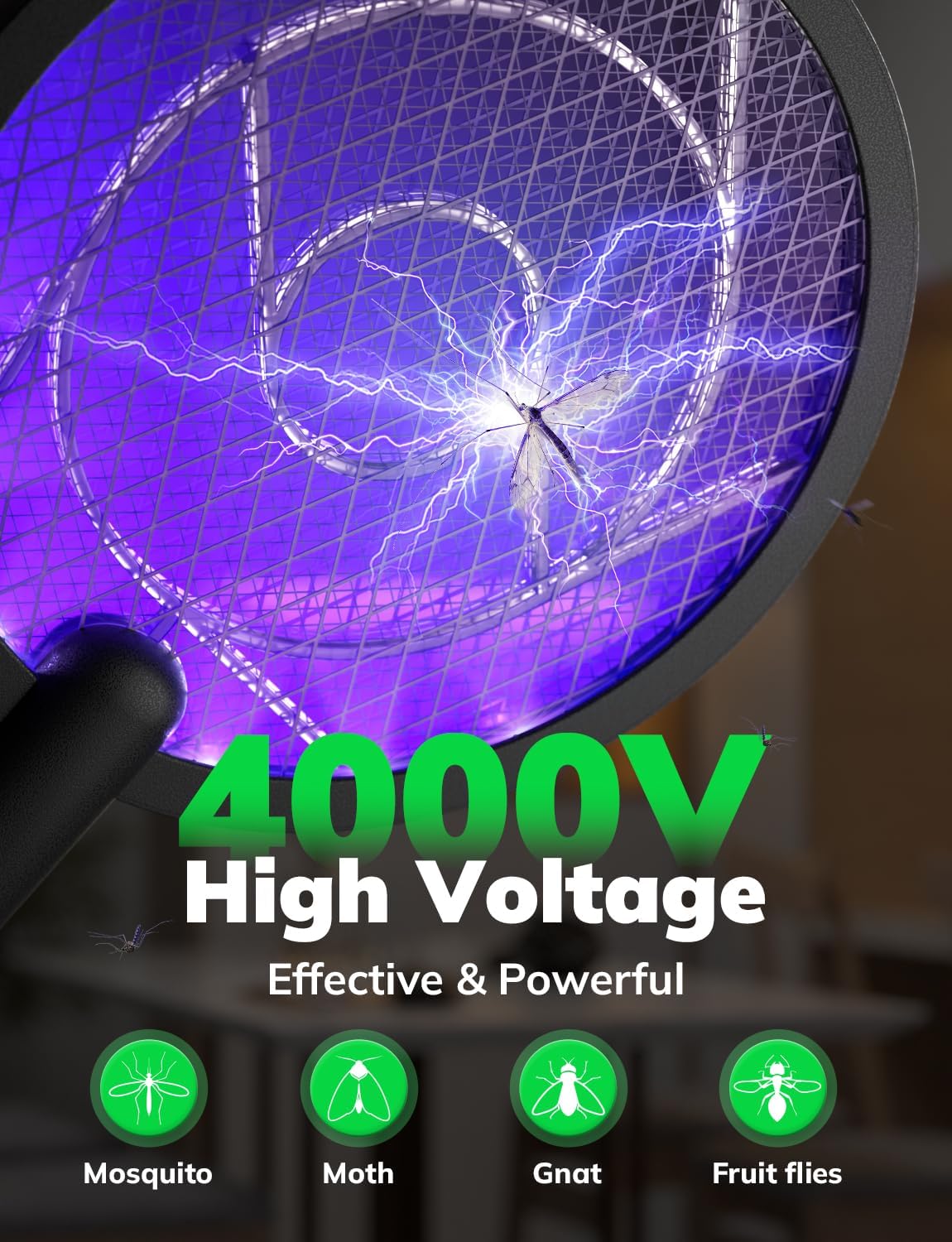 YISSVIC Electric Fly Swatter Bug Zapper Racket 4000V LED Screen Dual Modes Fly Zapper Rechargeable
