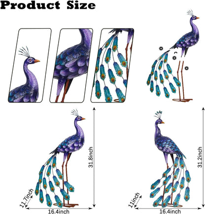 Kircust Purple Peacock Garden Statue and Sculpture, Metal Peacocks Yard Art Lawn Decor, Large Birds