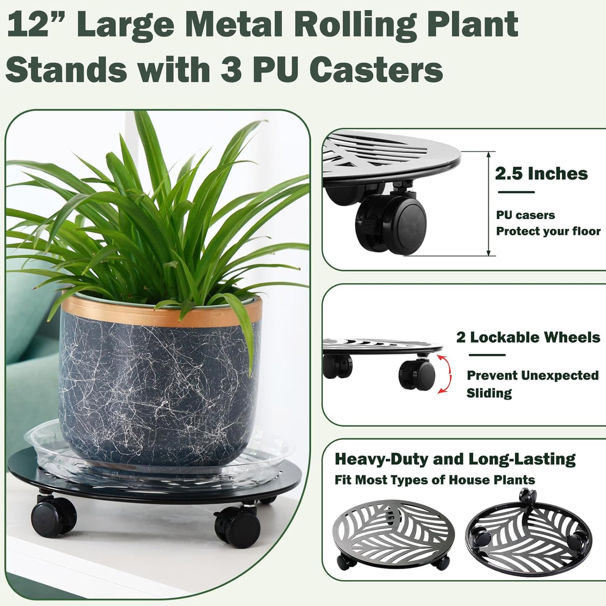 5 Packs Large Metal Plant Caddy with PU Wheels 12" Heavy-Duty Wrought Iron Rolling Plant Stands