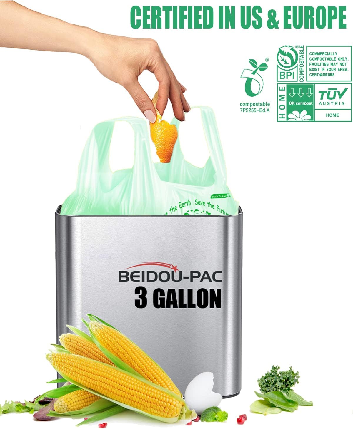 100% Compostable Trash Bags, 3 Gallon Compost Bags Small Kitchen Trash Bags with Handle, 100 Count