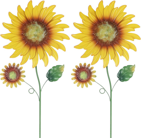 hogardeck Metal Sunflowers Decorative Garden Stakes, 2 Pack 33" Outdoor Garden Decor with Shaking