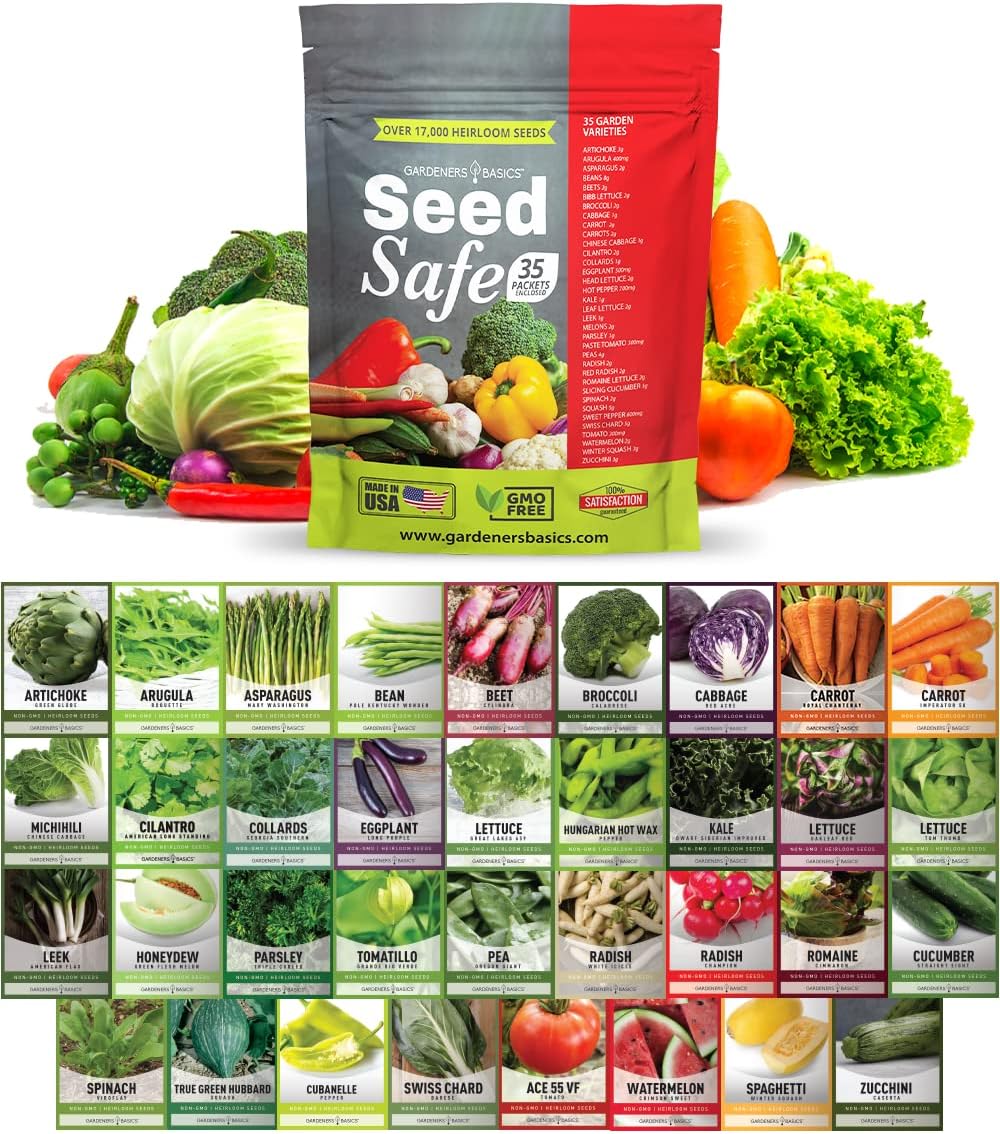 Gardeners Basics Seed Safe Kit – 35 Easy-to-Grow Heirloom Vegetable Seeds for Beginners – Non-GMO