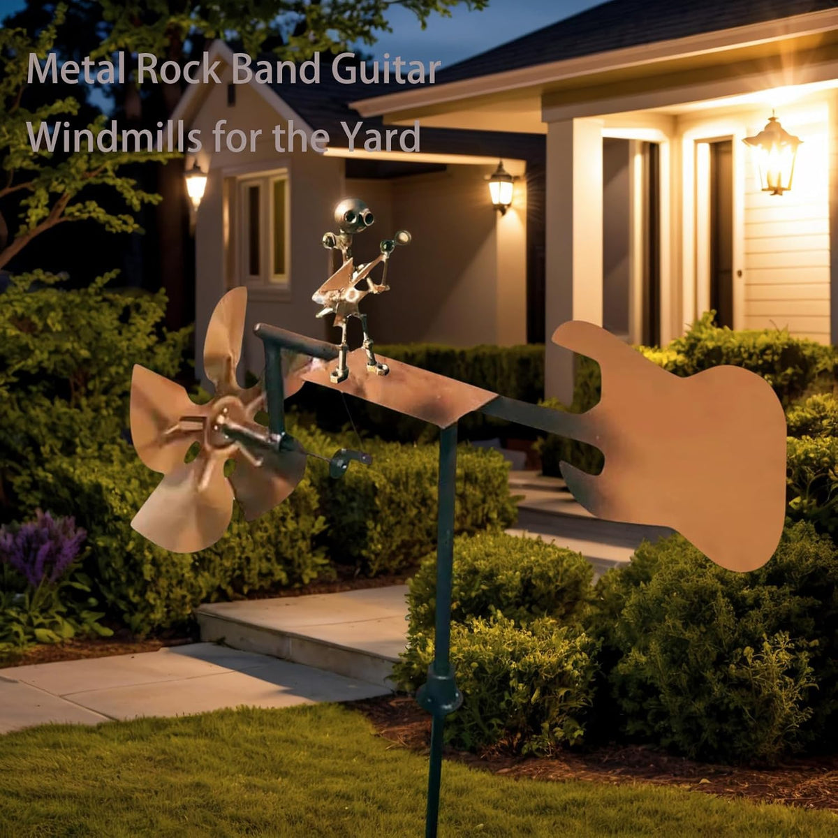 Garden Handmade Metal Rock Band Drummer Guitar Windmill, Kinetic Art Metal Sculpture Wind Spinners