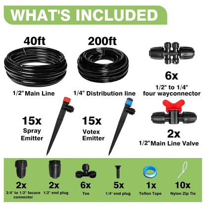 240FT Drip Irrigation System Kit New Quick-Connect, Automatic Garden Watering Misting System for