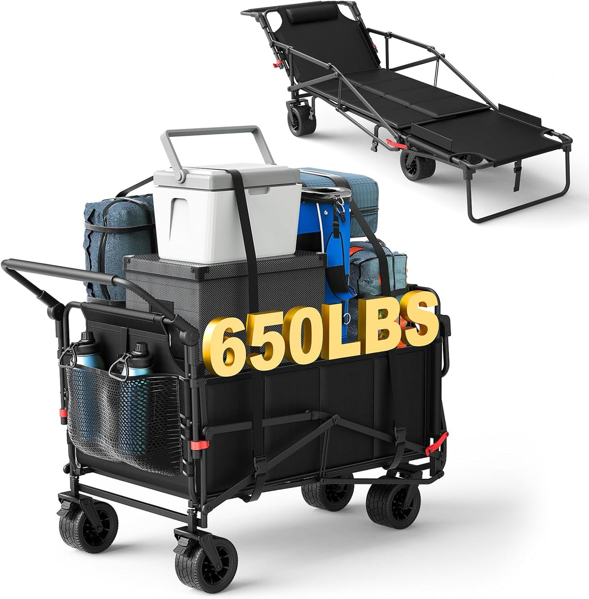 LEVELEVE Heavy Duty Folding Wagon - 2-in-1 Collapsible Cart, 650lb Capacity, All-Terrain Wheels