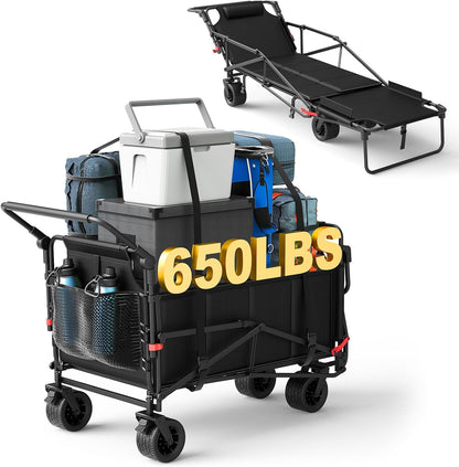 LEVELEVE Heavy Duty Folding Wagon - 2-in-1 Collapsible Cart, 650lb Capacity, All-Terrain Wheels