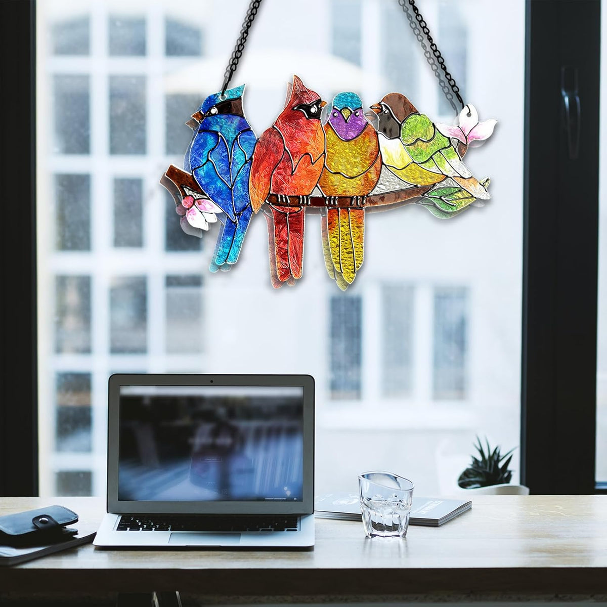 Stained Glass Window Hanging - Birds on A Branch Suncatcher for Window Doors Home Decoration