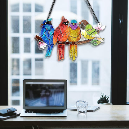 Stained Glass Window Hanging - Birds on A Branch Suncatcher for Window Doors Home Decoration