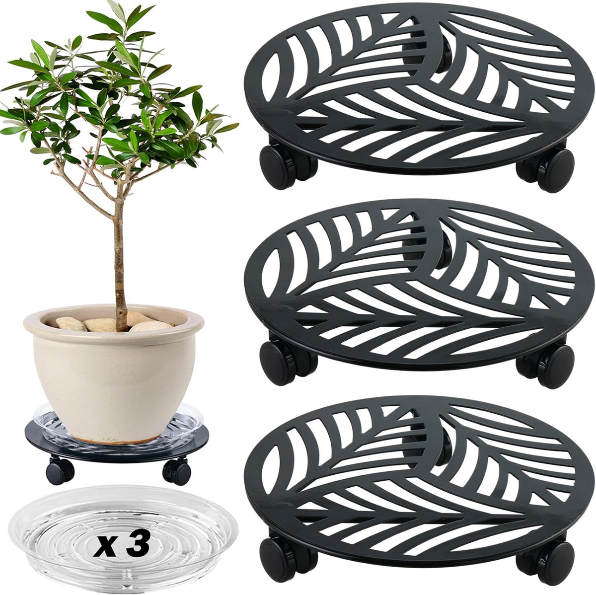 3 Packs Large Metal Plant Caddy with 3 PU Wheels 12" Heavy-duty Wrought Iron Rolling Plant Stands