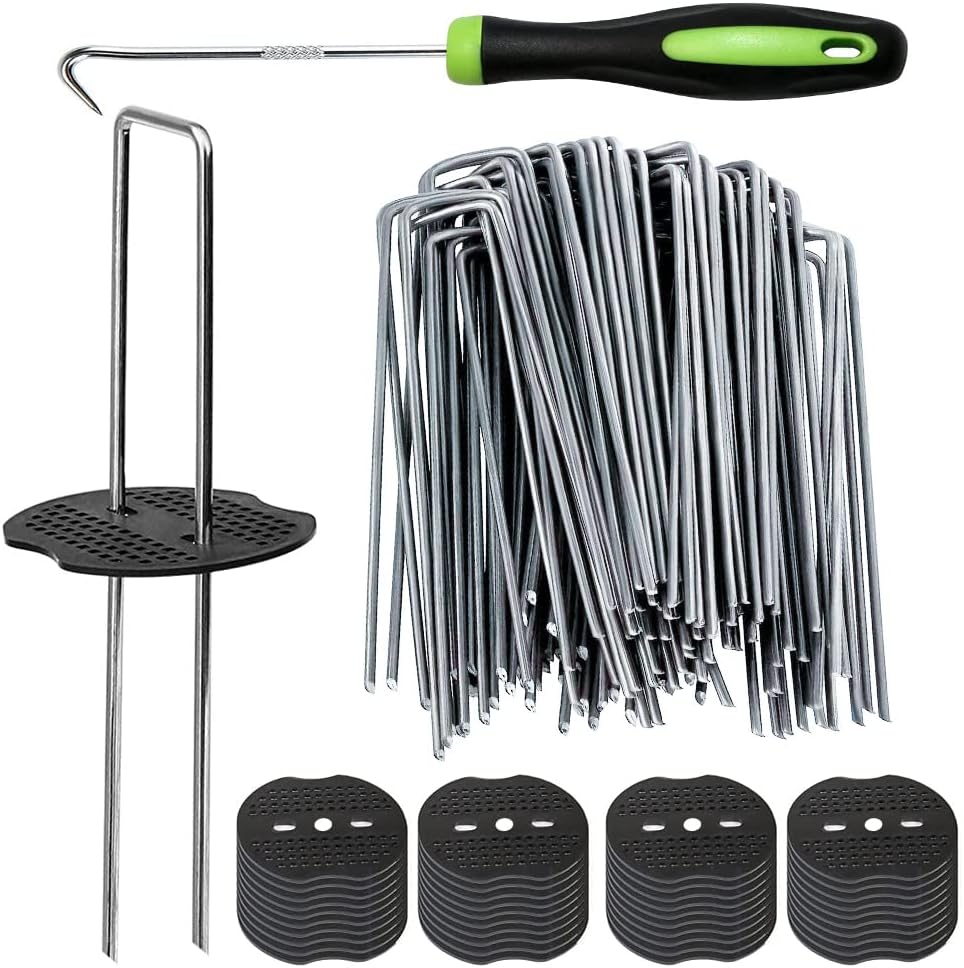 Bakulyor 150Pcs Landscape Staples + 150Pcs Gasket, 6 Inch Garden Stakes Staples 11 Gauge U Shaped