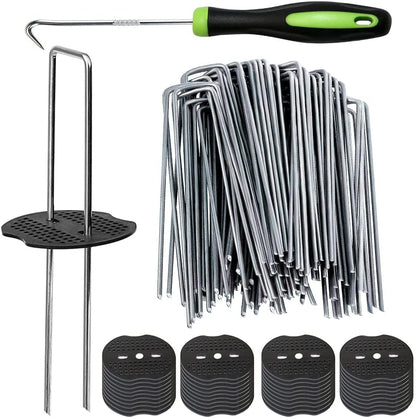 Bakulyor 150Pcs Landscape Staples + 150Pcs Gasket, 6 Inch Garden Stakes Staples 11 Gauge U Shaped