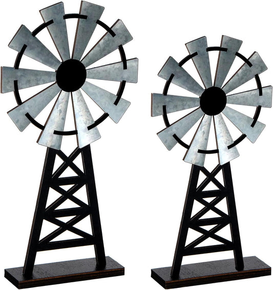 Set of 2 Wooden Farmhouse Windmill Table Top Decor Wood Small Distressed Black Grey Rustic Windmill