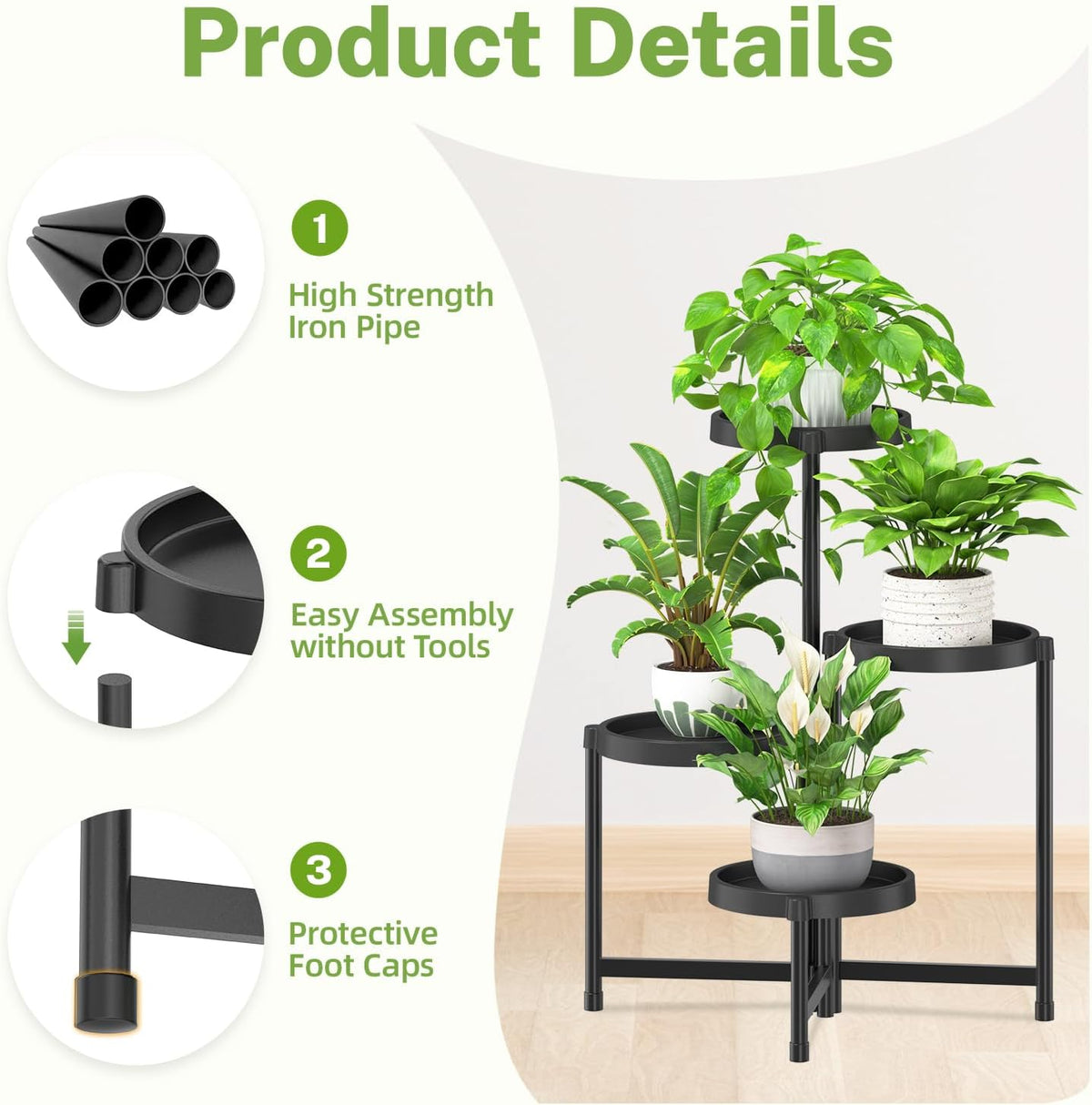 iDavosic.ly 4 Tier Folding Plant Stand Indoor Outdoor with Plastic Tray, Tiered Corner Flower