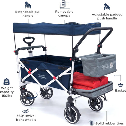 Creative Outdoor Wagon for Kids Push Pull Collapsible Stroller with Canopy Folding Cart | Titanium