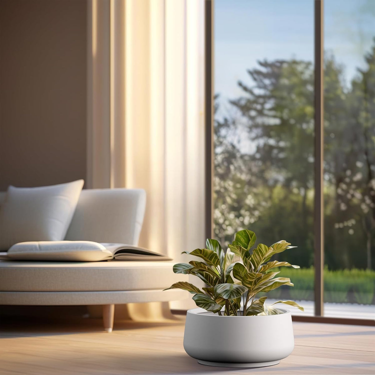 Kante 16.1" Dia Round Curvy Concrete Planter, Large Plant Pots with Drainage Hole and Rubber Plug