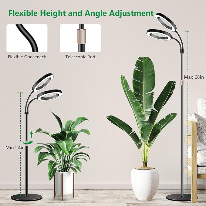 Large Plant Light for Indoor Plants, 2 Head Full Spectrum Grow Light with 68" Adjustable Stand for