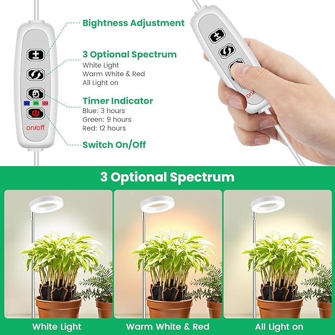 Grow Light, Full Spectrum Plant Lights for Indoor Growing with with 3/9/12H Timer, 3 Color Modes