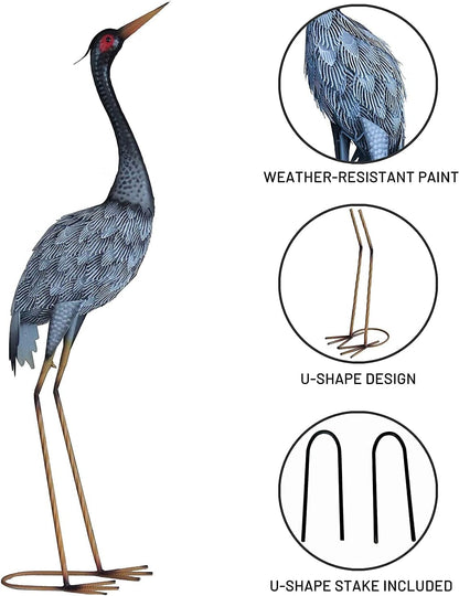 Crane Statue Garden Décor, Metal Heron Statue Yard Art for Outdoor Patio Lawn Backyard Pool Front