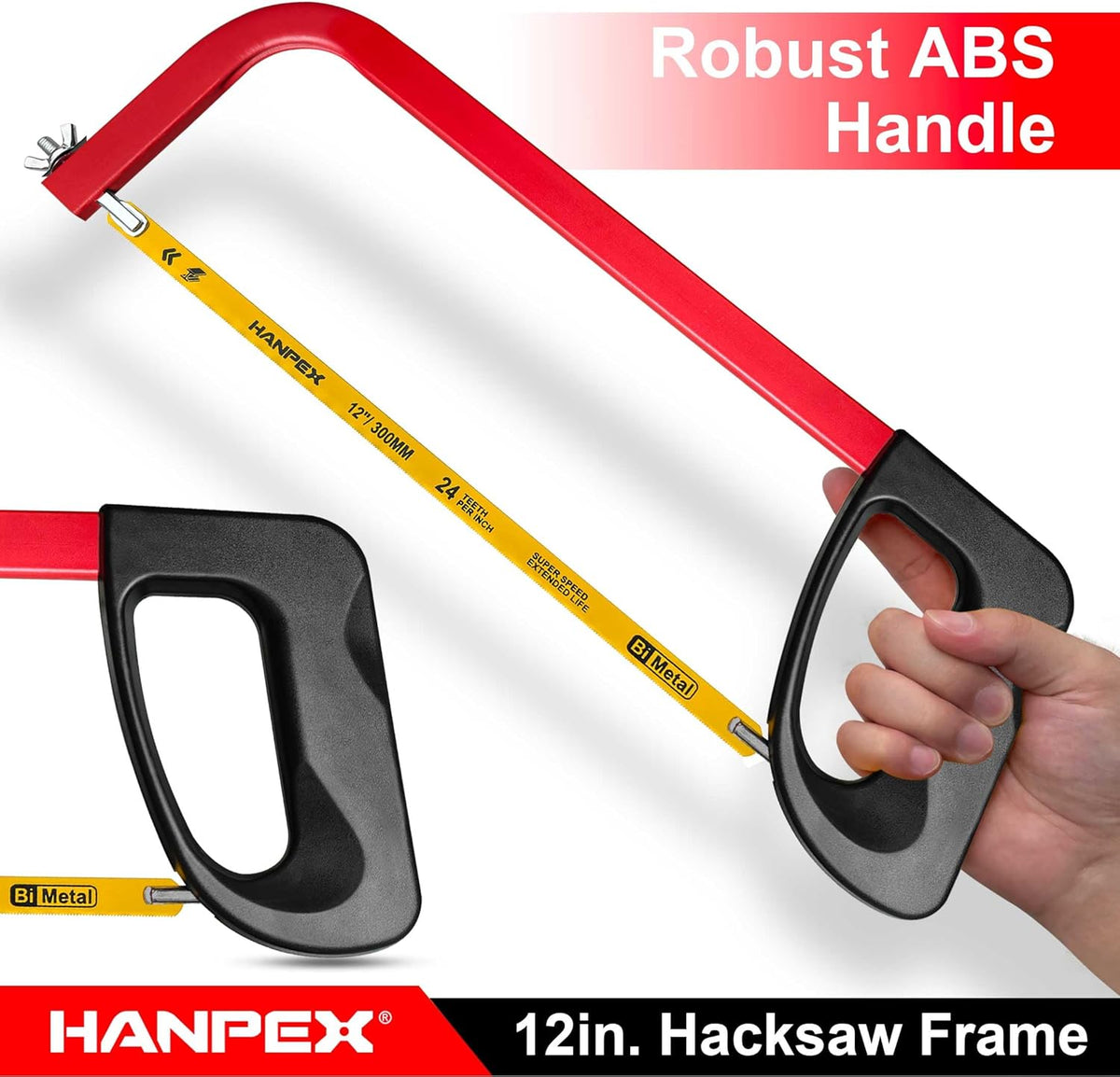 12in. High-Tension Hacksaw Frame with 24 TPI Bi-metal Blade, Hand Saw Suitable for Metal, wood