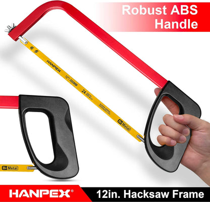 12in. High-Tension Hacksaw Frame with 24 TPI Bi-metal Blade, Hand Saw Suitable for Metal, wood