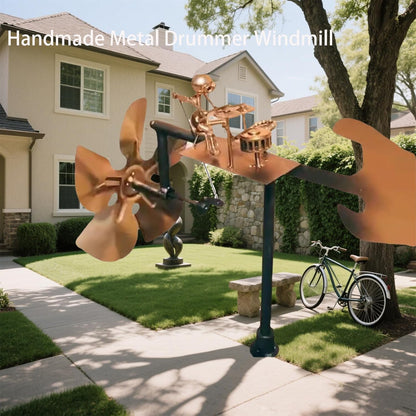 Garden Handmade Metal Rock Band Drummer Guitar Windmill, Kinetic Art Metal Sculpture Wind Spinners
