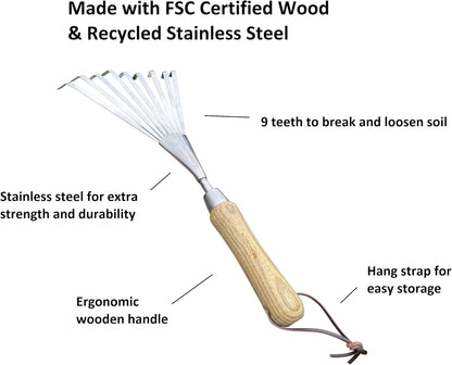 Garden Guru Eco Hand Rake Soil Tiller- 100% Recycled Stainless Steel - Rust Resistant - FSC