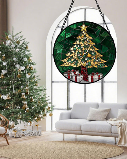 Stained Glass Window Hanging - Gold Green Christmas Tree Suncatcher for Doors Home Christmas