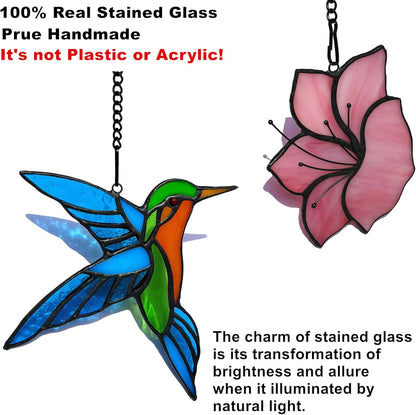 2 Pack Stained Glass Hummingbird with Flower Suncatcher for Window Hanging Ornament, Sun Catchers
