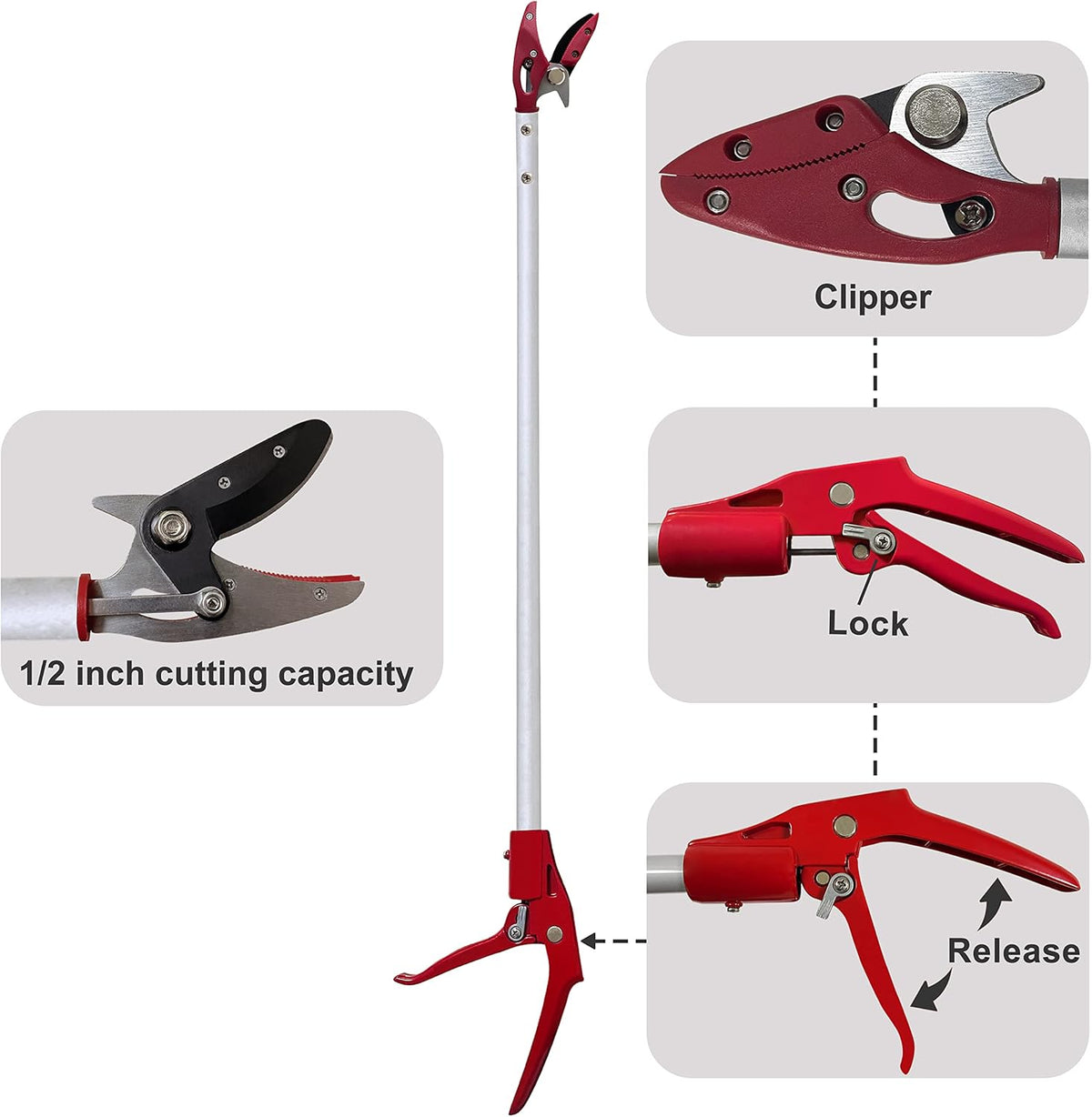 Tree Trimmer, 2 Foot Pole Pruner, Long Reach Pruning Shears, Cut and Hold Garden Clippers, Aluminum