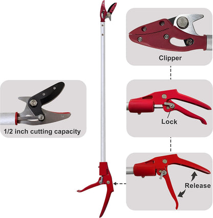 Tree Trimmer, 2 Foot Pole Pruner, Long Reach Pruning Shears, Cut and Hold Garden Clippers, Aluminum