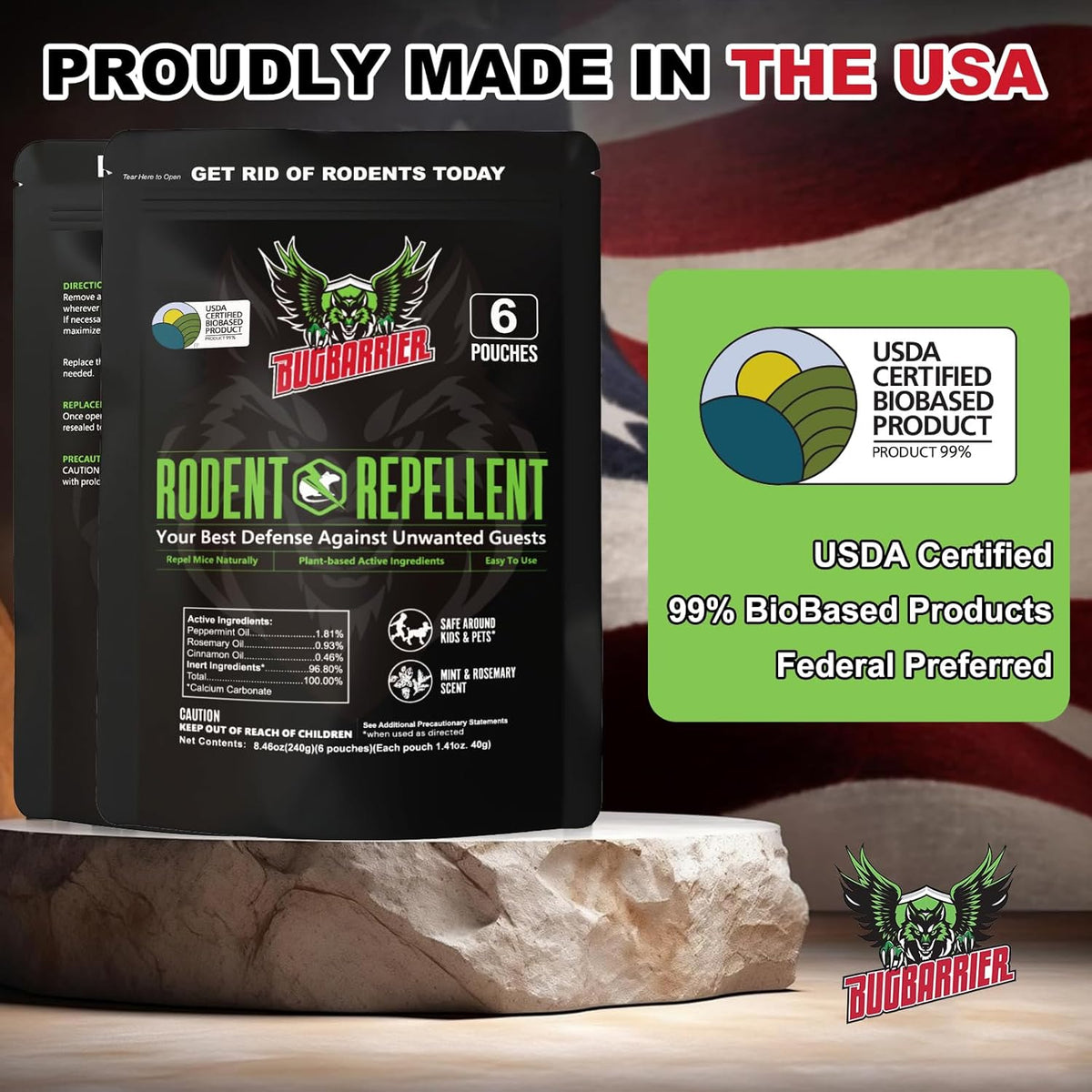 BugBarrier's Extra-Strength Mouse Repellent Deterrent Pouches, USDA 99% Biobased, Peppermint &