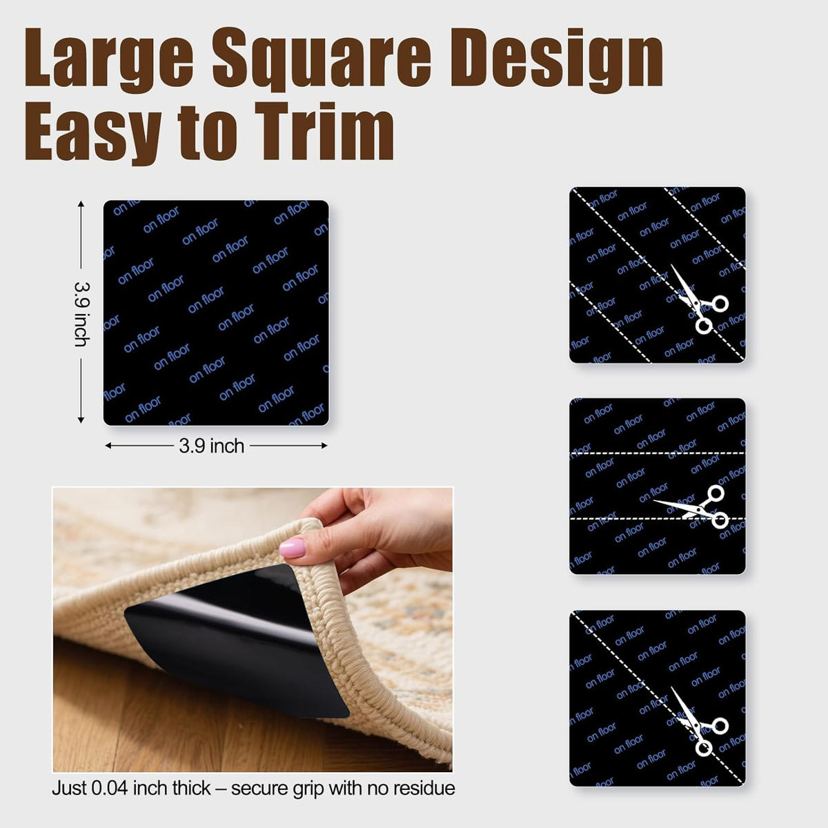 Premium Rug Grippers & Carpet Tape – 24PCS Square Anti-Slip Pads for Area Rugs, 3.9 Inch, Prevent