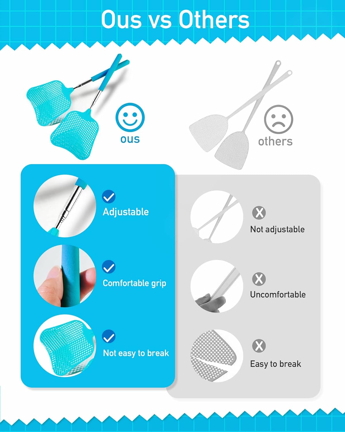 Wapodeai 2 Pack Fly Swatters Heavy Duty Set, Telescopic Fly Swatter, Stainless Steel Handle for
