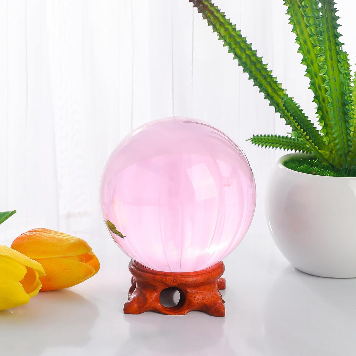 Pink Crystal Ball 100mm/3.9 inch with Rose Wooden Stand and Gift Box for lensball