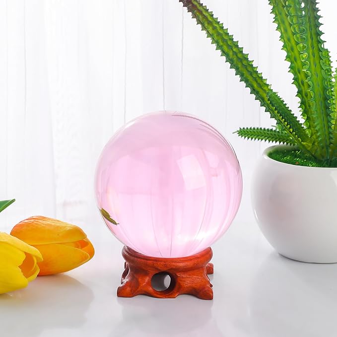Pink Crystal Ball 80mm/3.1 inch with Rose Wooden Stand and Gift Box for lensball