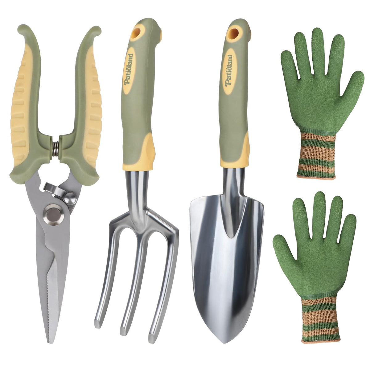 Patioland Green Garden Tool Set 4-Piece, Trowel, Fork, Pruning Shear&Gloves