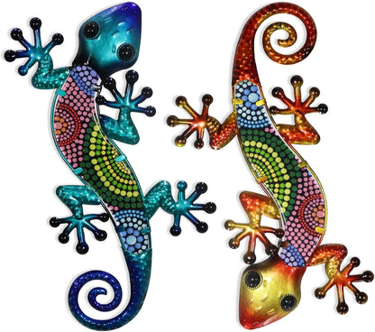 HONGLAND Metal Gecko Wall Art 2 Pack 15 Inch Lizard Outdoor Decor Hanging Glass Sculpture