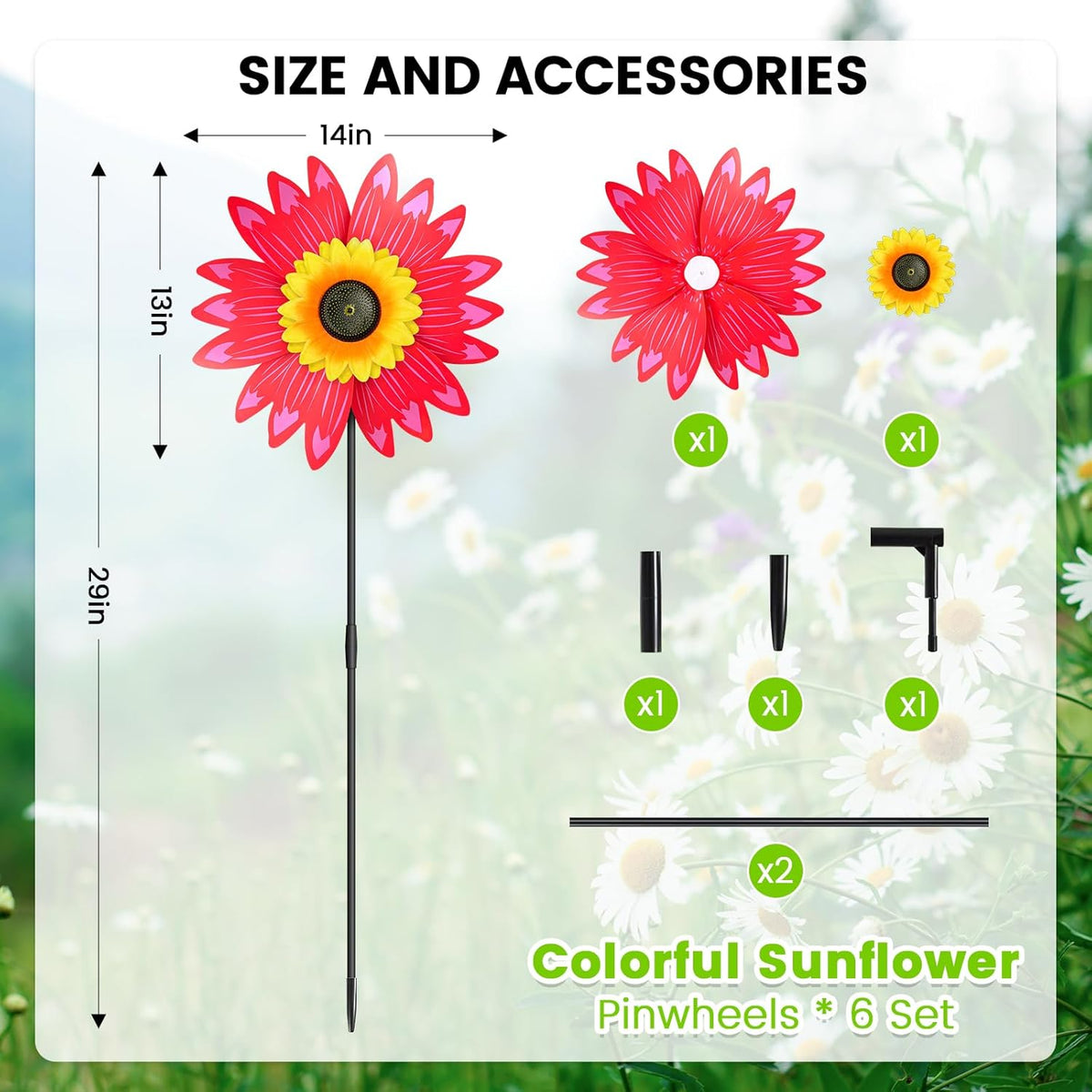 6PCS Sunflower Wind Spinners with Stakes 14" W x 29" H Wind Spinners Lawn Pinwheel Sunflower