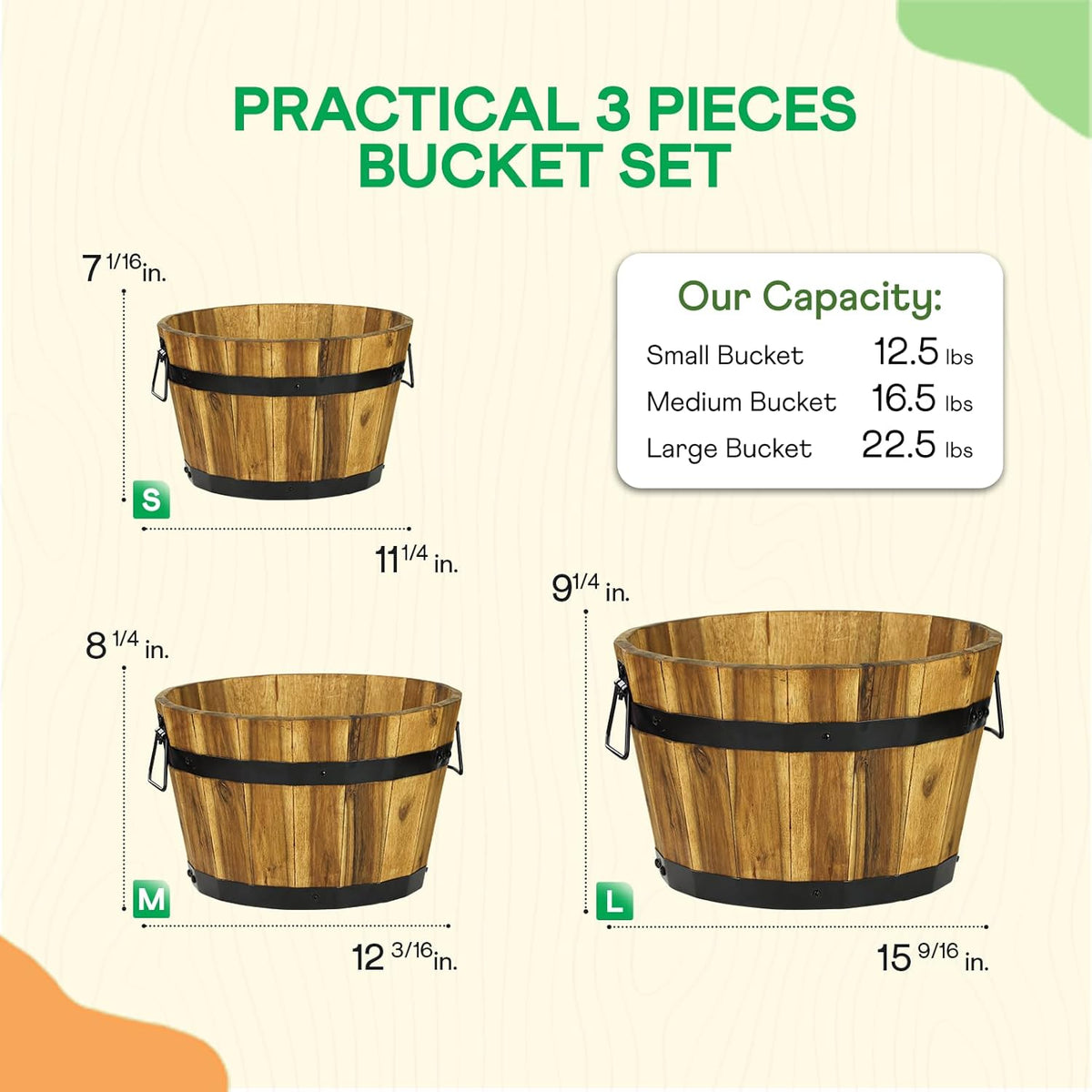 IDZO Set of 3 Wooden Flower Planters for Outdoor Plants, Acacia Wood Barrel Planters, Ergonomic