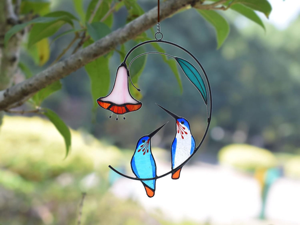 Lolitarcrafts Hummingbird with Flower Stained Glass Suncatcher Bird Stained Glass Window Hangings