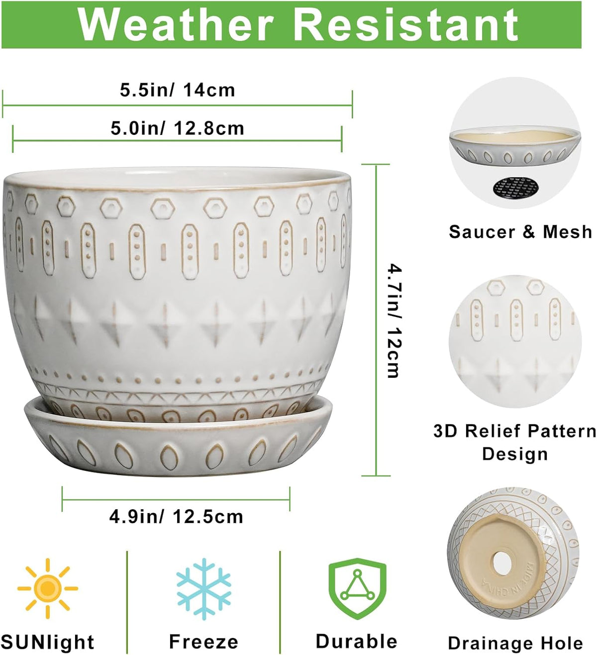 G EPGardening Ceramic Plant Pot - Succulent Pots with Drainage Hole and Saucer 5 Inch Planter for