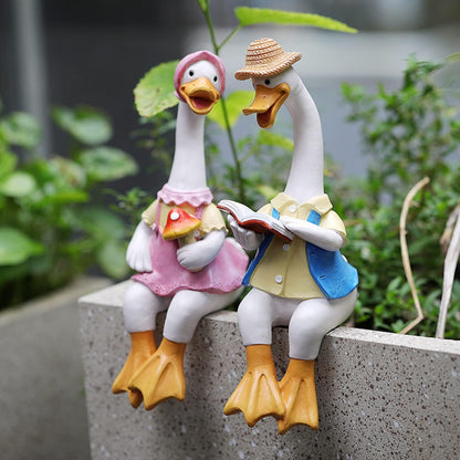 Handside Garden Statues Couple Animal Cartoon Resin Cute Sitting Sculpture Goose Lovers Figurine