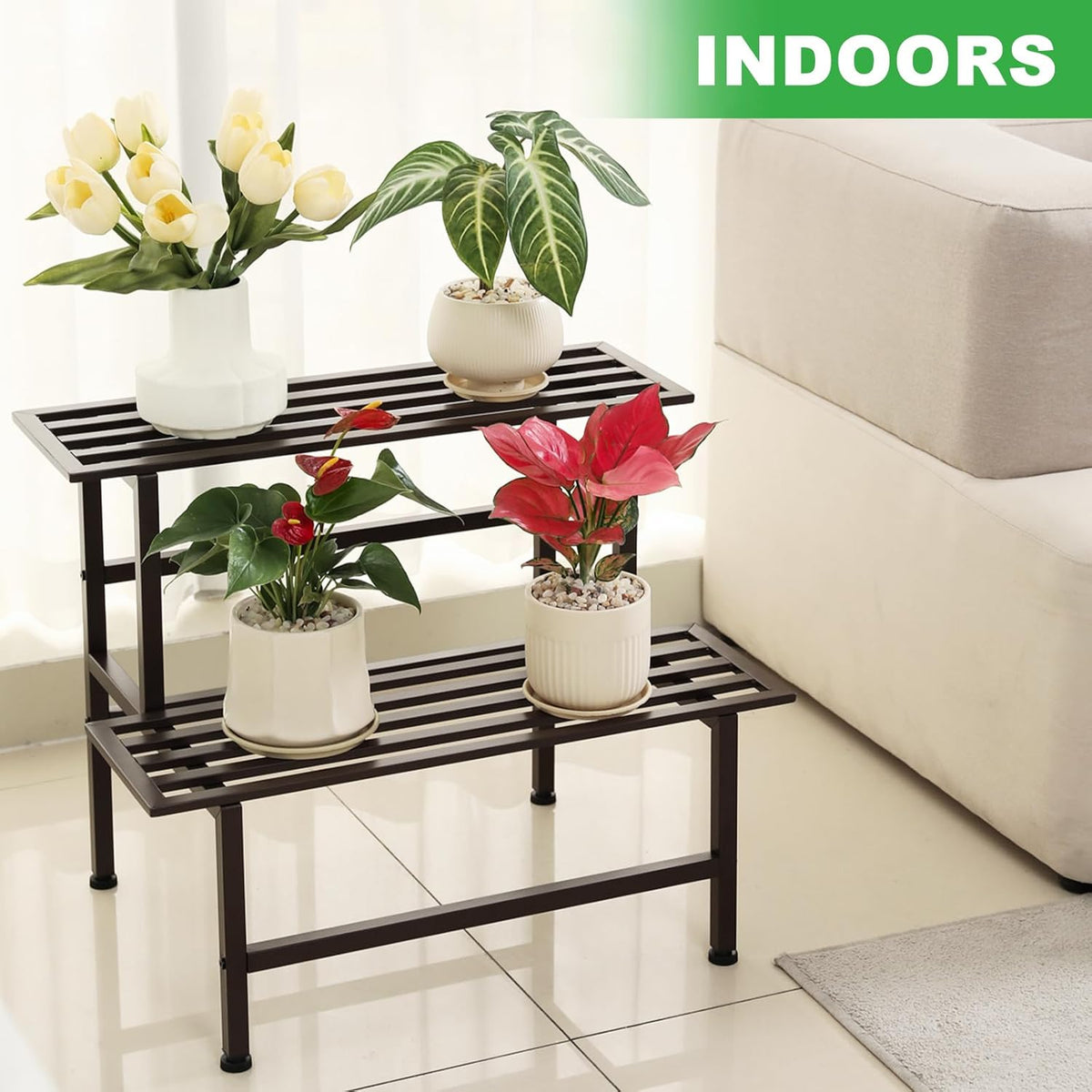 Metal Plant Stand Outdoor Plant Shelf Indoor,2 Tier Heavy Duty Ladder Plant Stands for Multiple