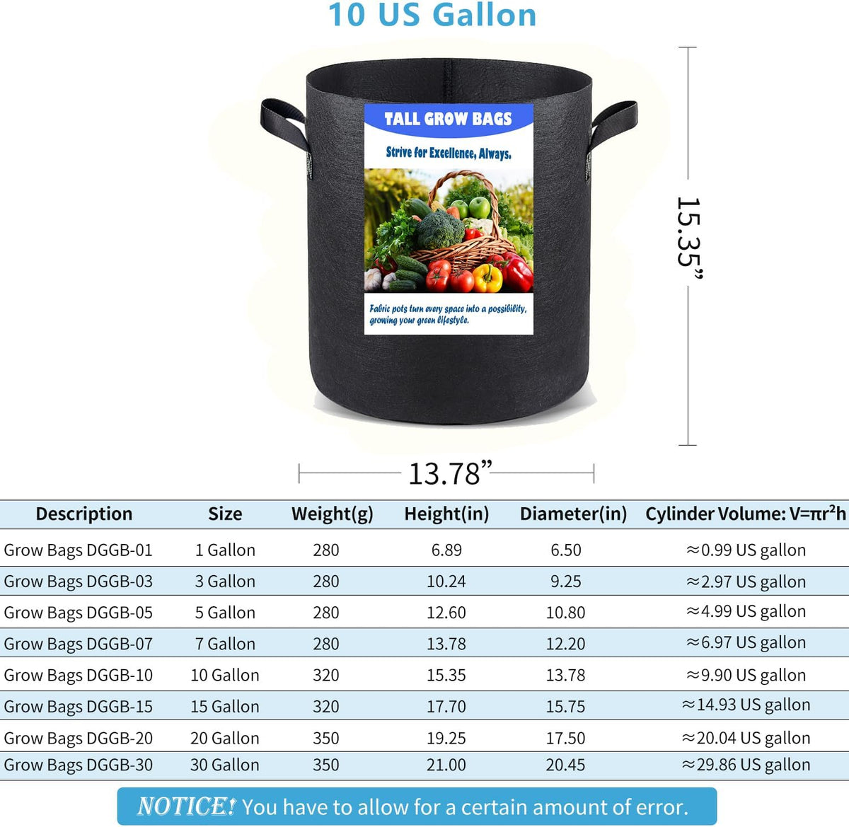 10 US Gallon 6 Pack Tall Grow Bags for Vegetables, Heavy Duty Nonwoven Aeration Fabric Deep Grow