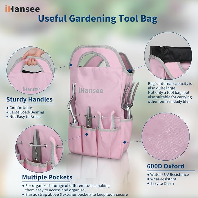 Pink Garden Tool Sets 12 Pieces, iHansee Aluminum Gardening Hand Tools with Non-Slip Handle