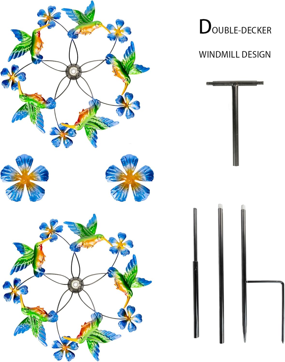 Double Blade Hummingbird Swivel Wind Spinners, Outdoor Garden Spinners 38inch Garden Stakes Decor