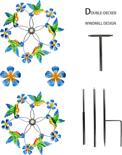 Double Blade Hummingbird Swivel Wind Spinners, Outdoor Garden Spinners 38inch Garden Stakes Decor